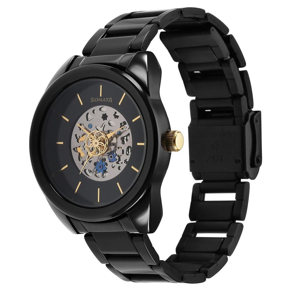 Sonata Unveil Quartz Multifunction Black Dial Stainless Steel Strap Watch for Women