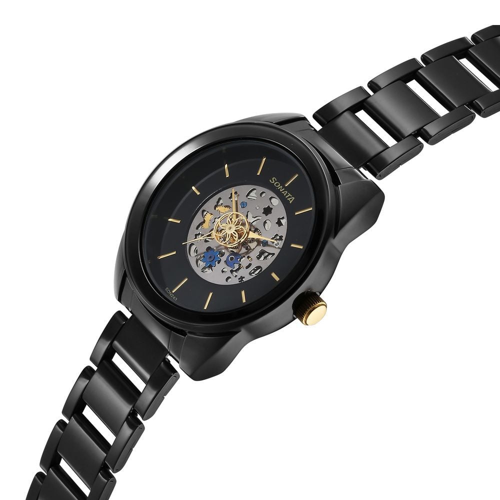 Sonata Unveil Quartz Multifunction Black Dial Stainless Steel Strap Watch for Women