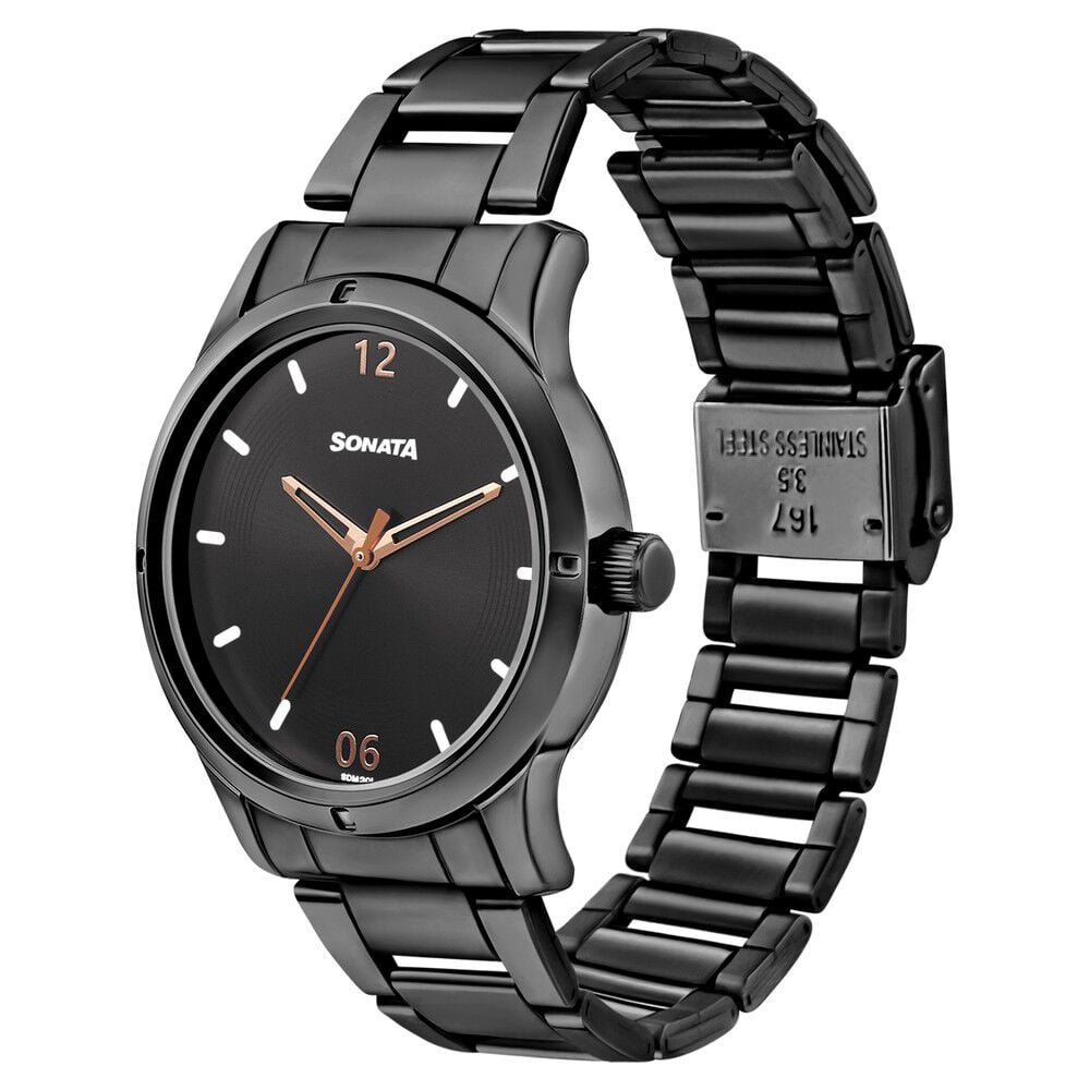 Sonata Women of Steel Black Dial Stainless Steel Strap Watch for Women