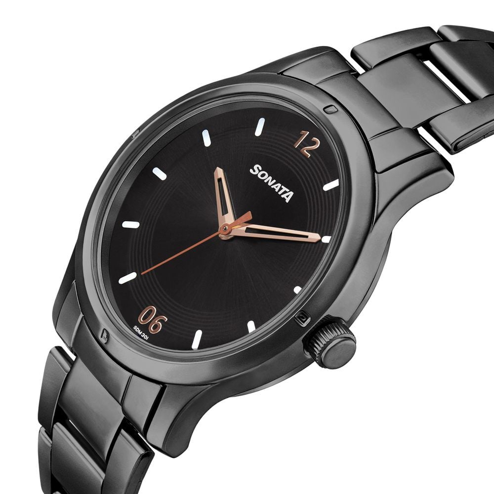 Sonata Women of Steel Black Dial Stainless Steel Strap Watch for Women