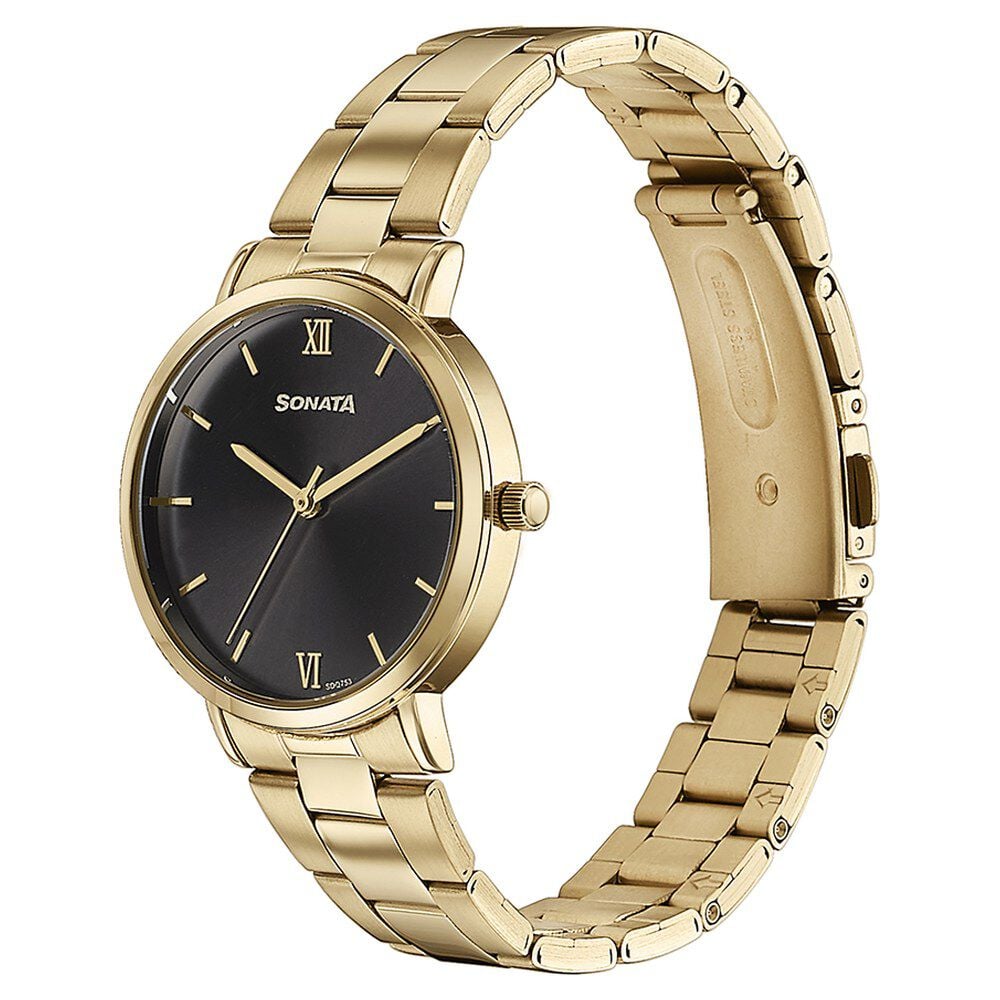 Sonata Quartz Analog Black Dial Golden Stainless Steel Strap Watch For Women