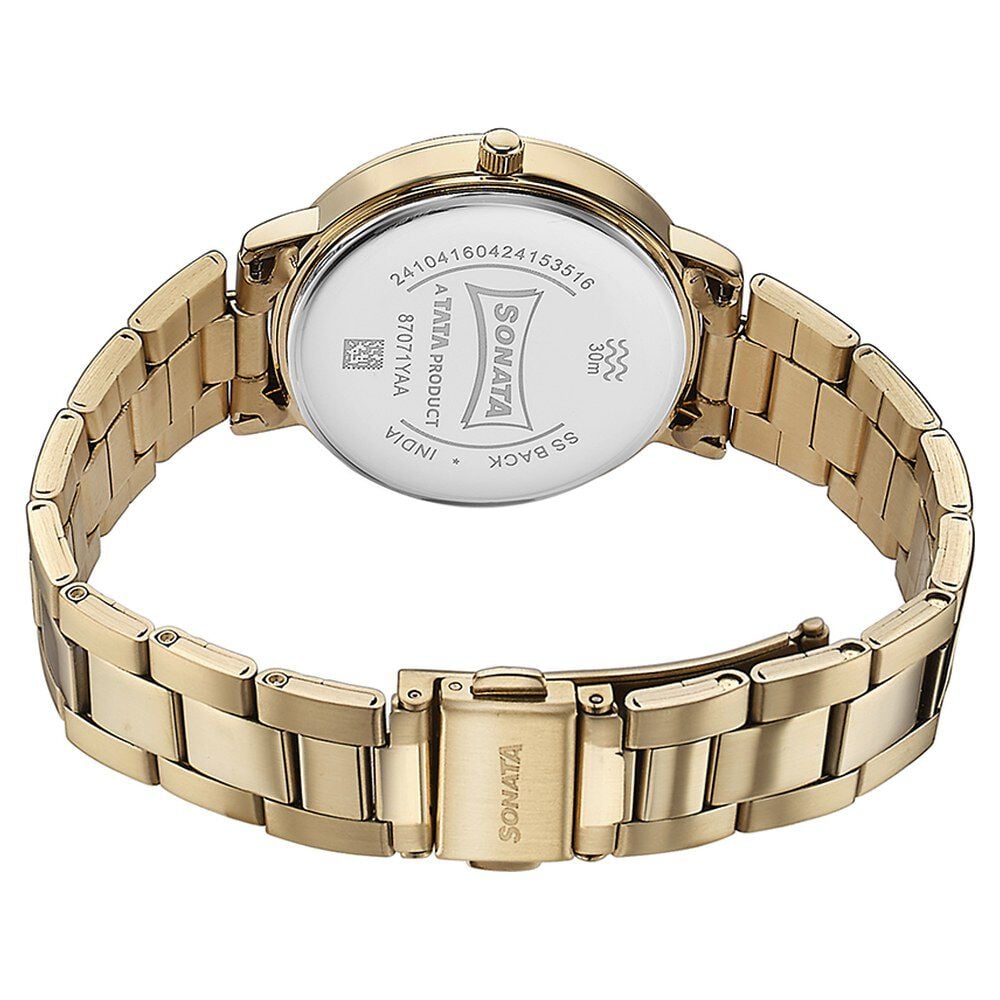 Sonata Quartz Analog Black Dial Golden Stainless Steel Strap Watch For Women