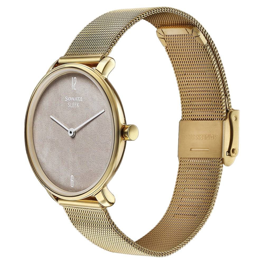 Sonata Sleek Gold-Toned Mesh Bracelet Watch with Minimal Sundial Dial and Arabic Numerals