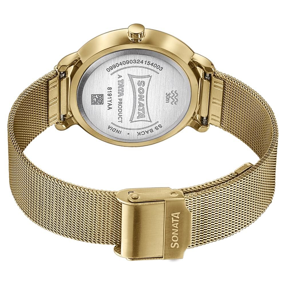Sonata Sleek Gold-Toned Mesh Bracelet Watch with Minimal Sundial Dial and Arabic Numerals
