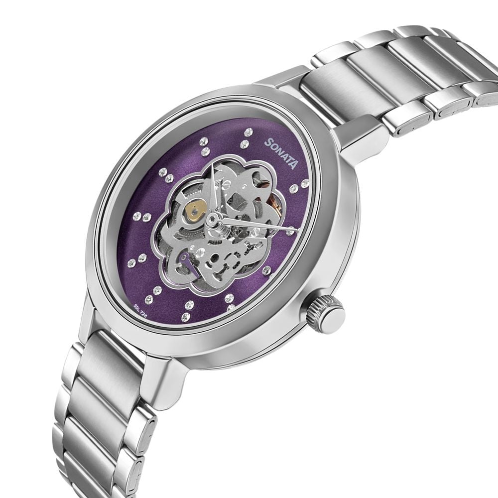 Sonata Unveil Quartz Multifunction Purple Dial Stainless Steel Strap Watch for Women