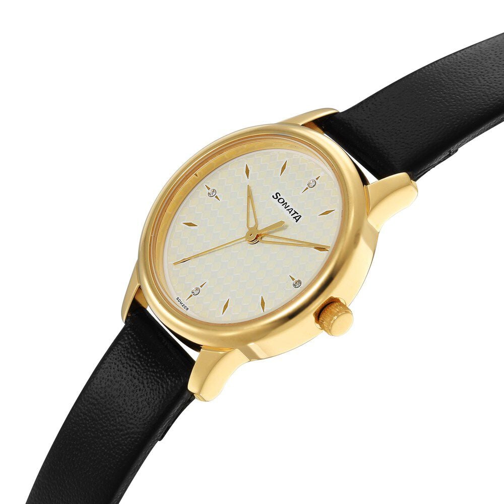 Sonata Classic Gold White Dial Leather Strap Watch for Women
