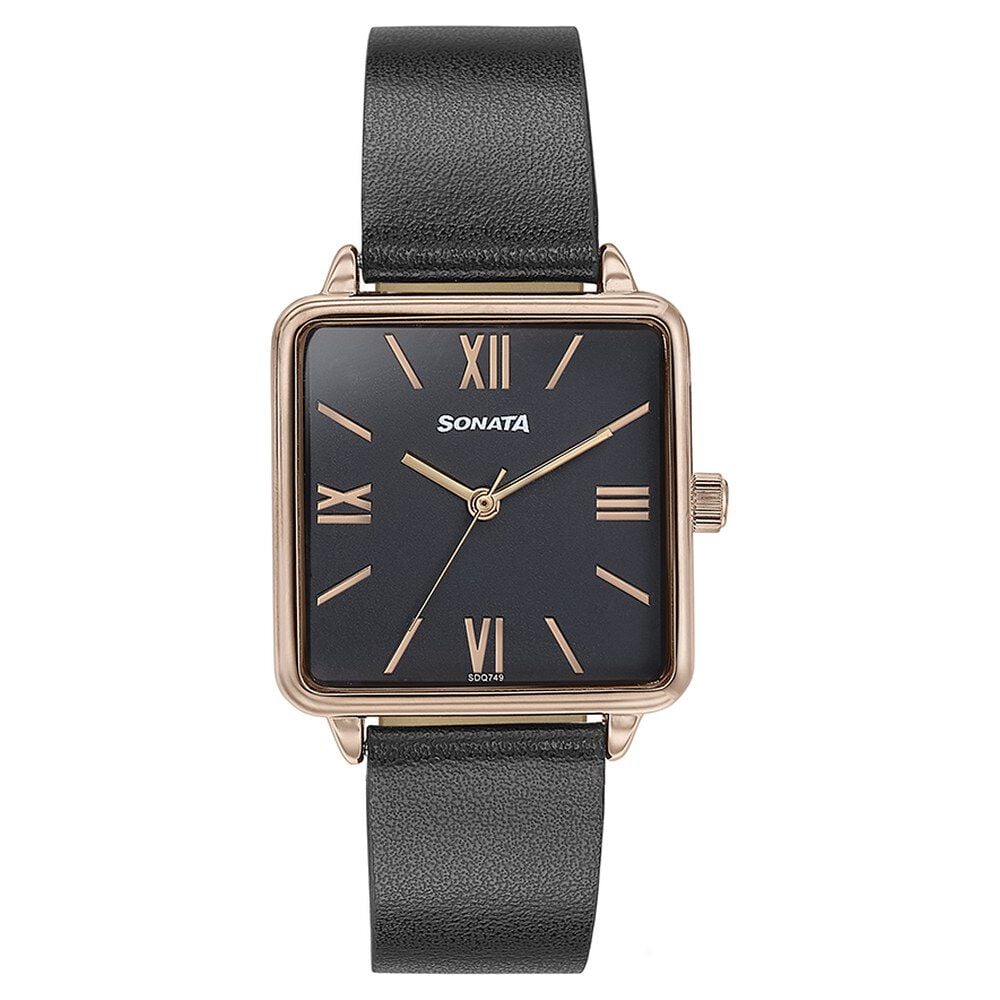 Sonata Quartz Analog Black Dial Black Leather Strap Watch For Women