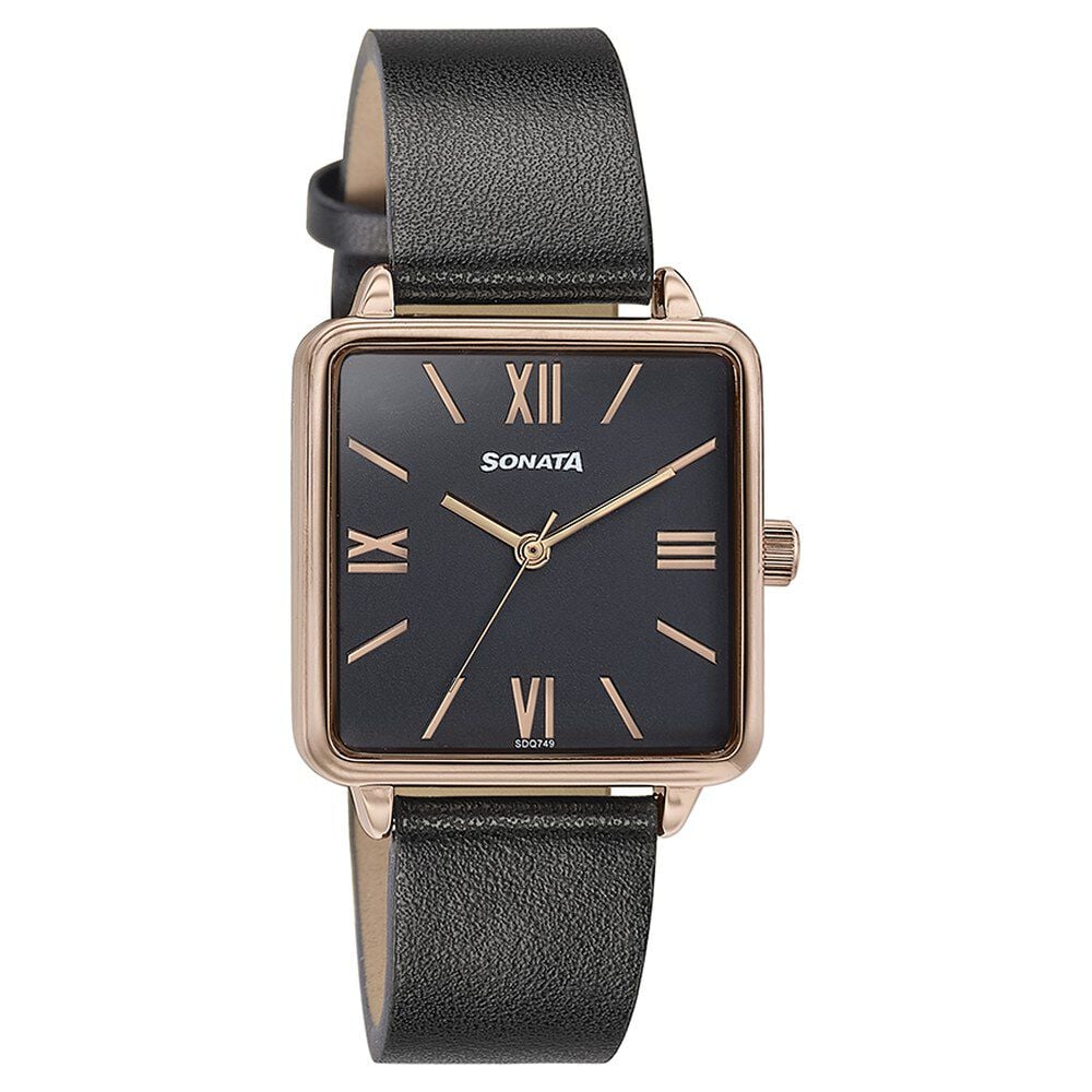 Sonata Quartz Analog Black Dial Black Leather Strap Watch For Women