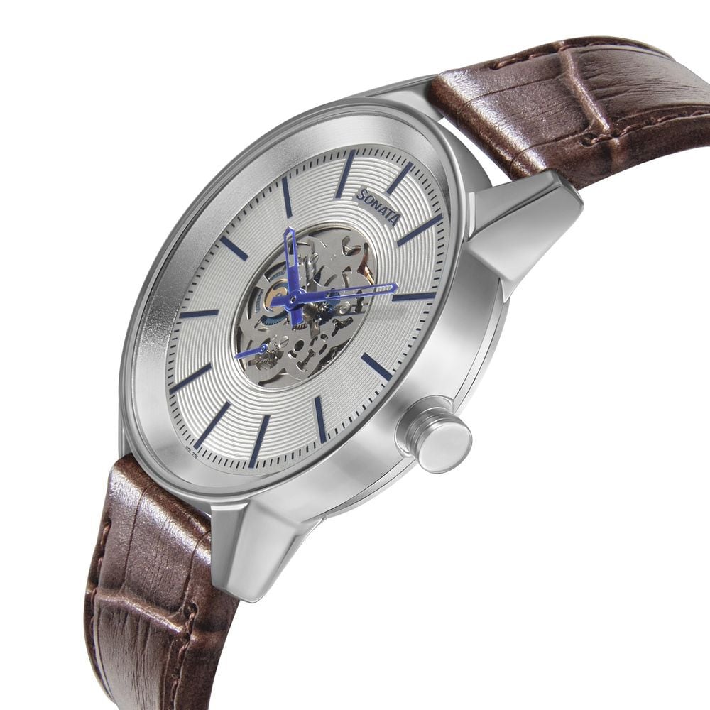 Sonata Quartz Multifunction Silver Dial Leather Strap Watch for Men