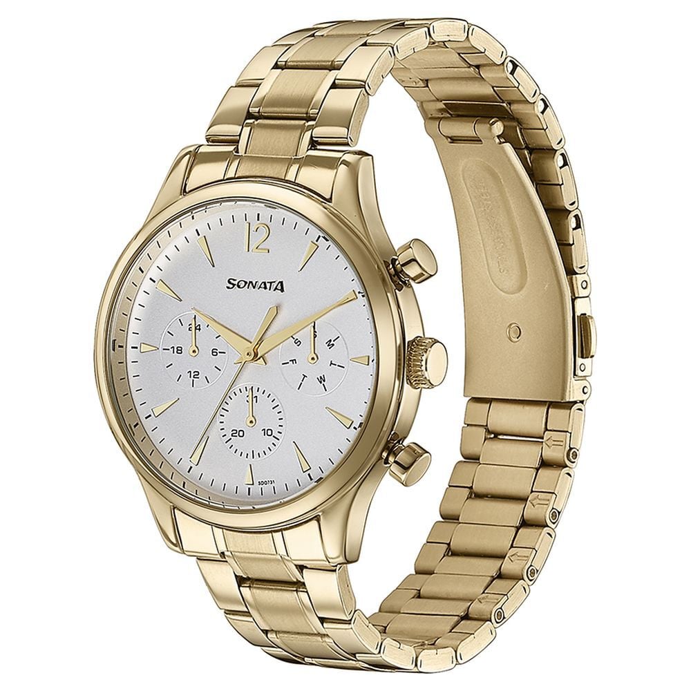 Sonata Quartz Multifunction White Dial Golden Stainless Steel Strap Watch For Men
