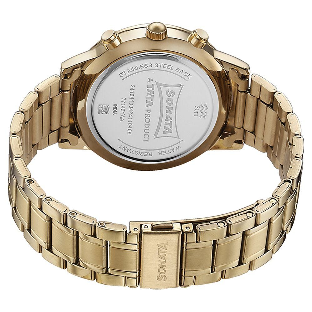 Sonata Quartz Multifunction White Dial Golden Stainless Steel Strap Watch For Men