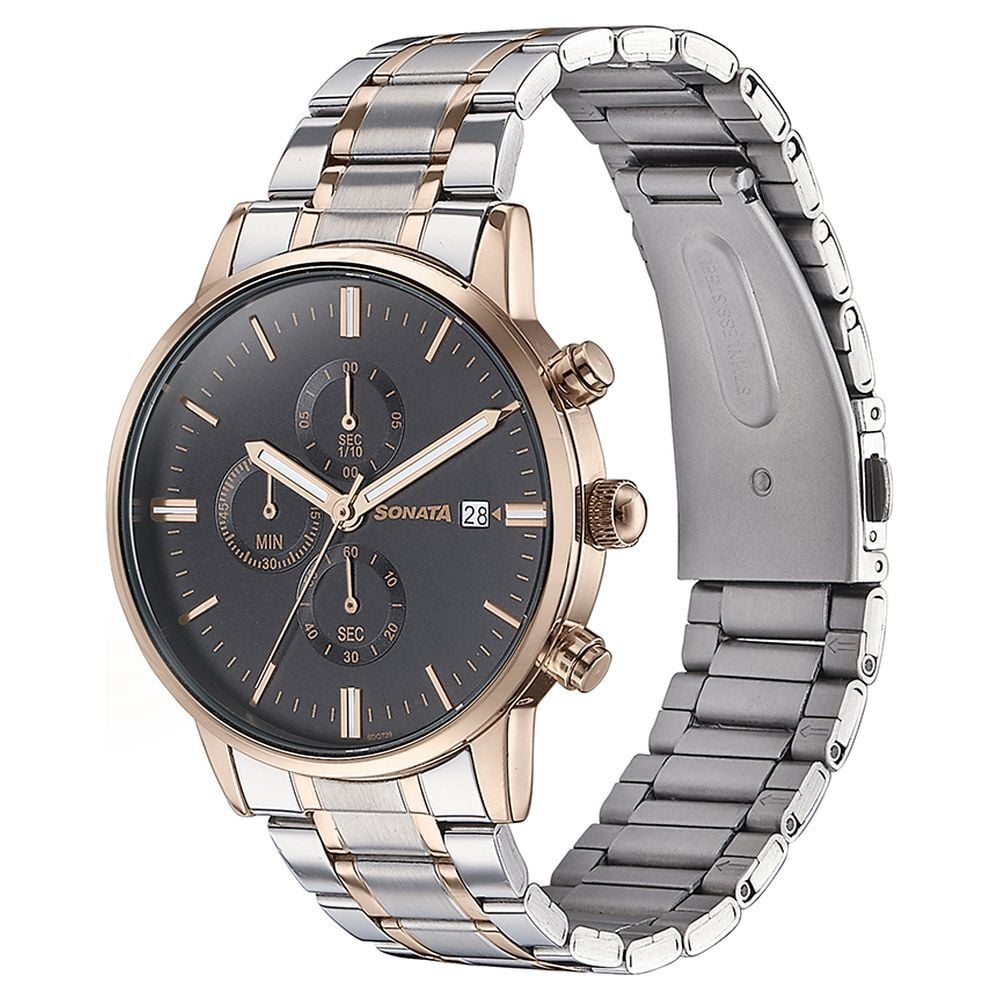 Sonata Quartz Multifunction Black Dial Two Toned Stainless Steel Strap Watch For Men