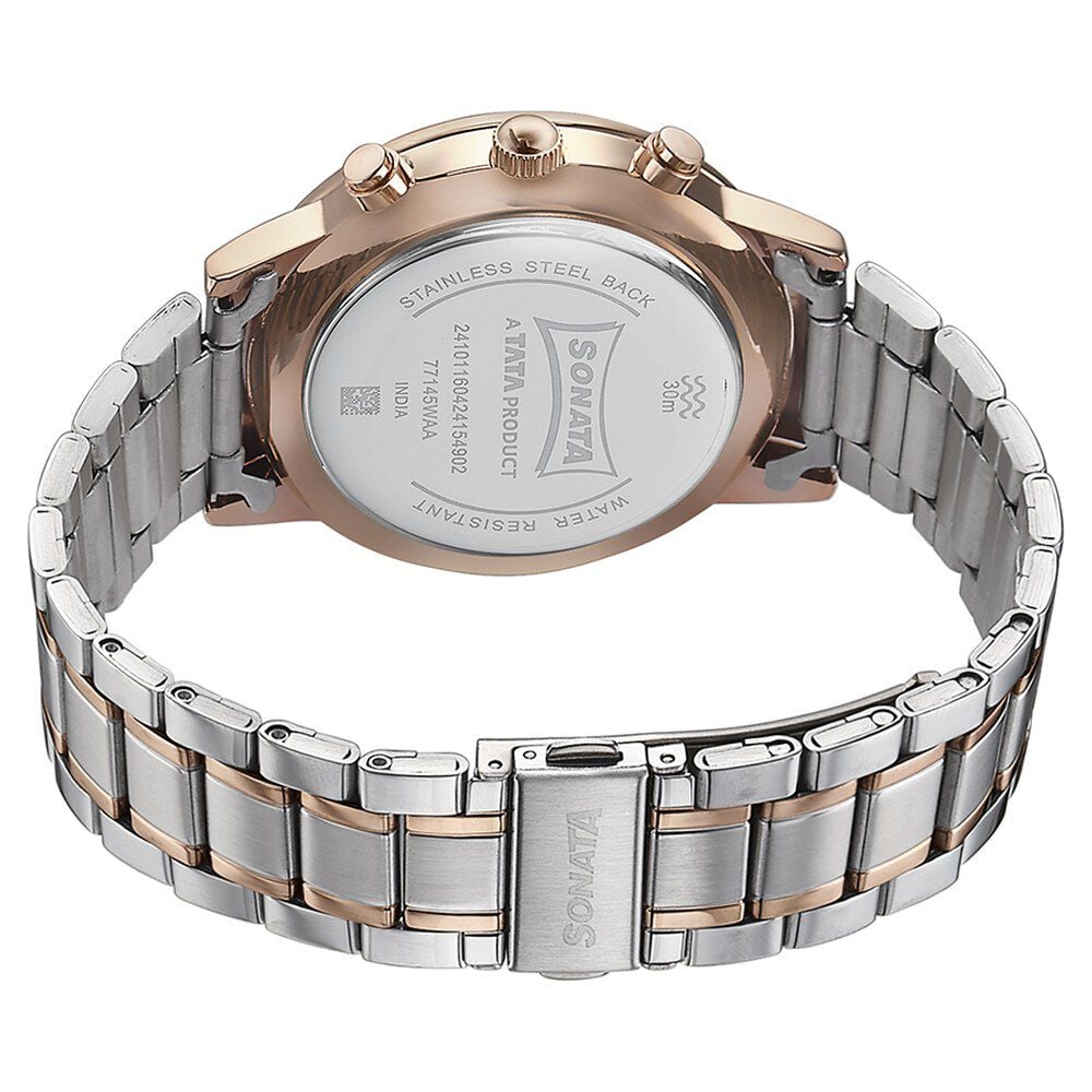 Sonata Quartz Multifunction Black Dial Two Toned Stainless Steel Strap Watch For Men