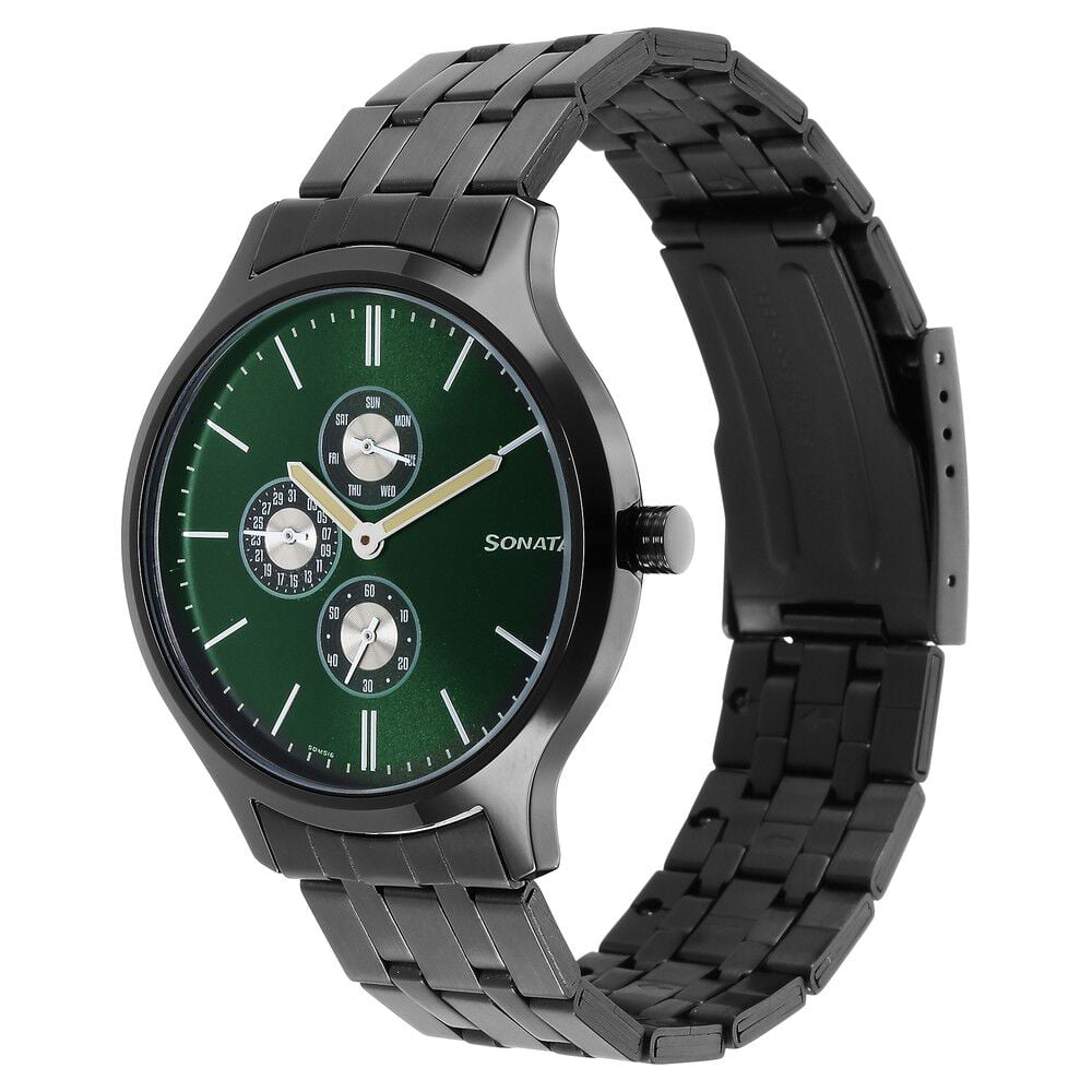 Sonata Quartz Multifunction Green Dial Stainless Steel Strap Watch for Men