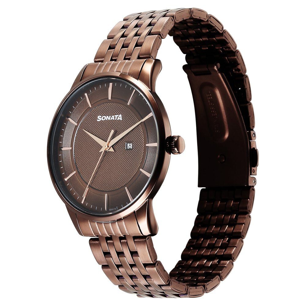 Sonata Wedding Quartz Analog Brown Dial Stainless Steel Strap Watch For Men