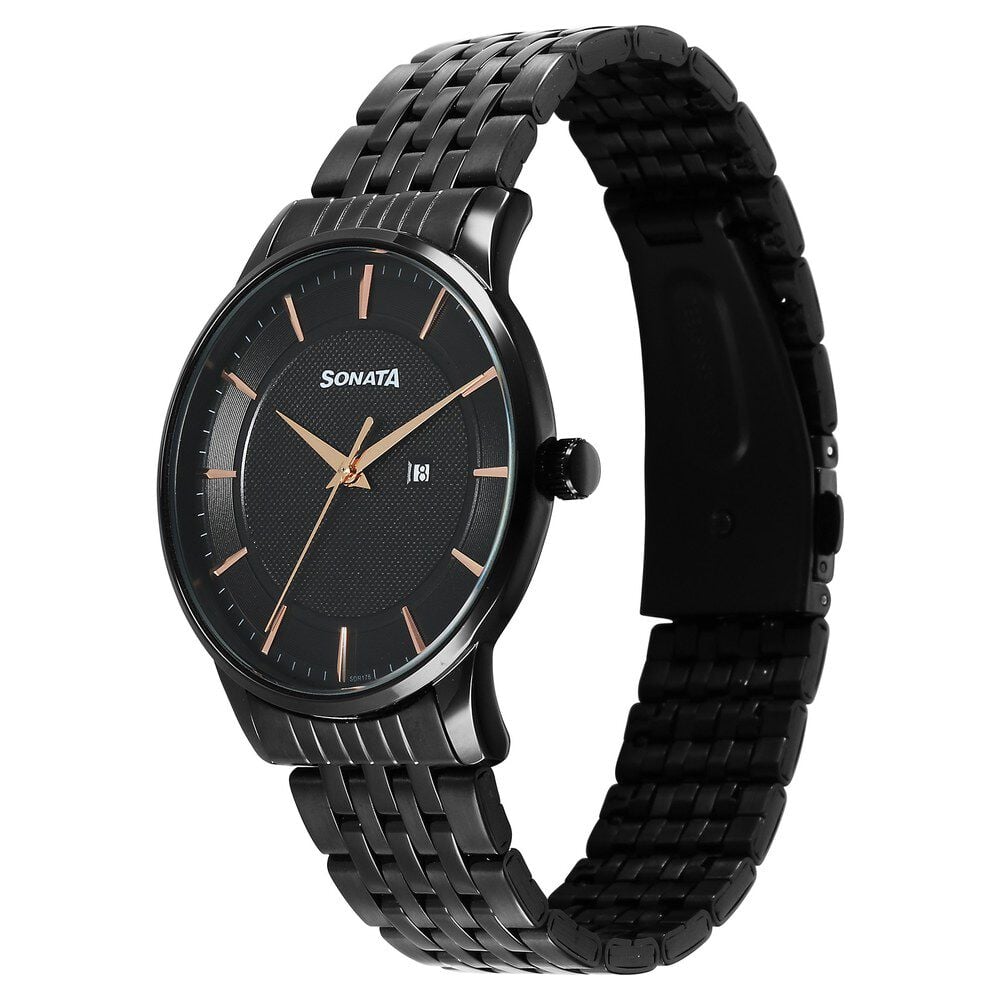 Sonata Wedding Quartz Analog Black Dial Stainless Steel Strap Watch For Men