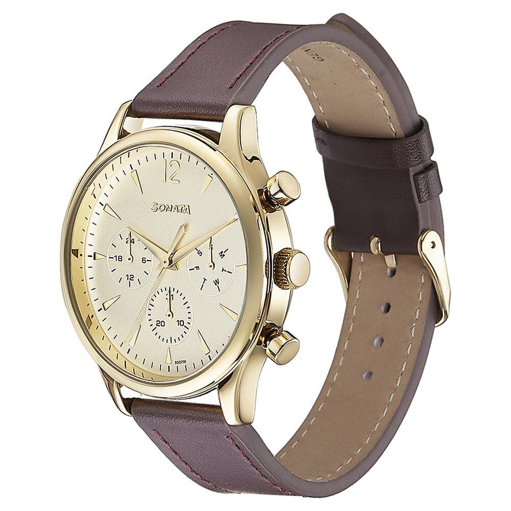 Sonata Quartz Multifunction Golden Dial Brown Leather Strap Watch For Men