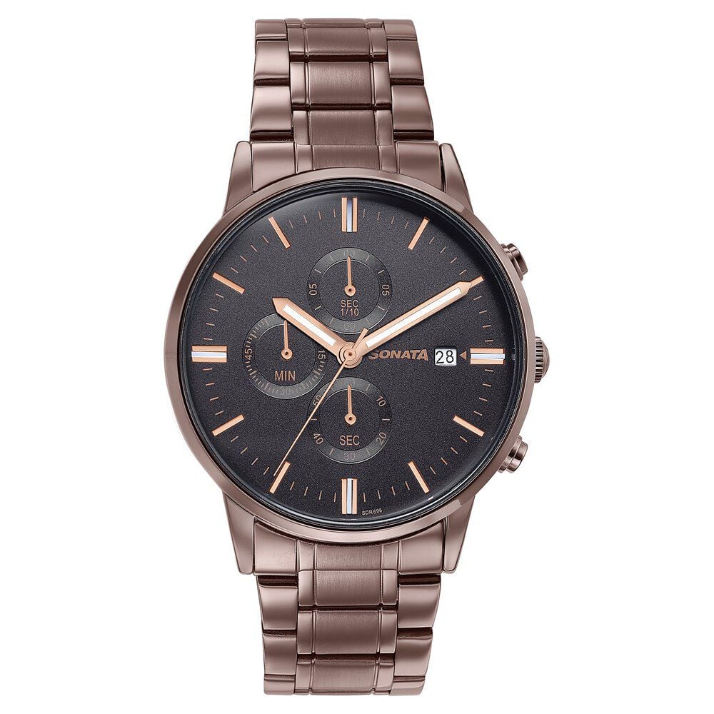 Sonata Wedding Edit Quartz Multifunction Black Dial Stainless Steel Strap Watch For Men