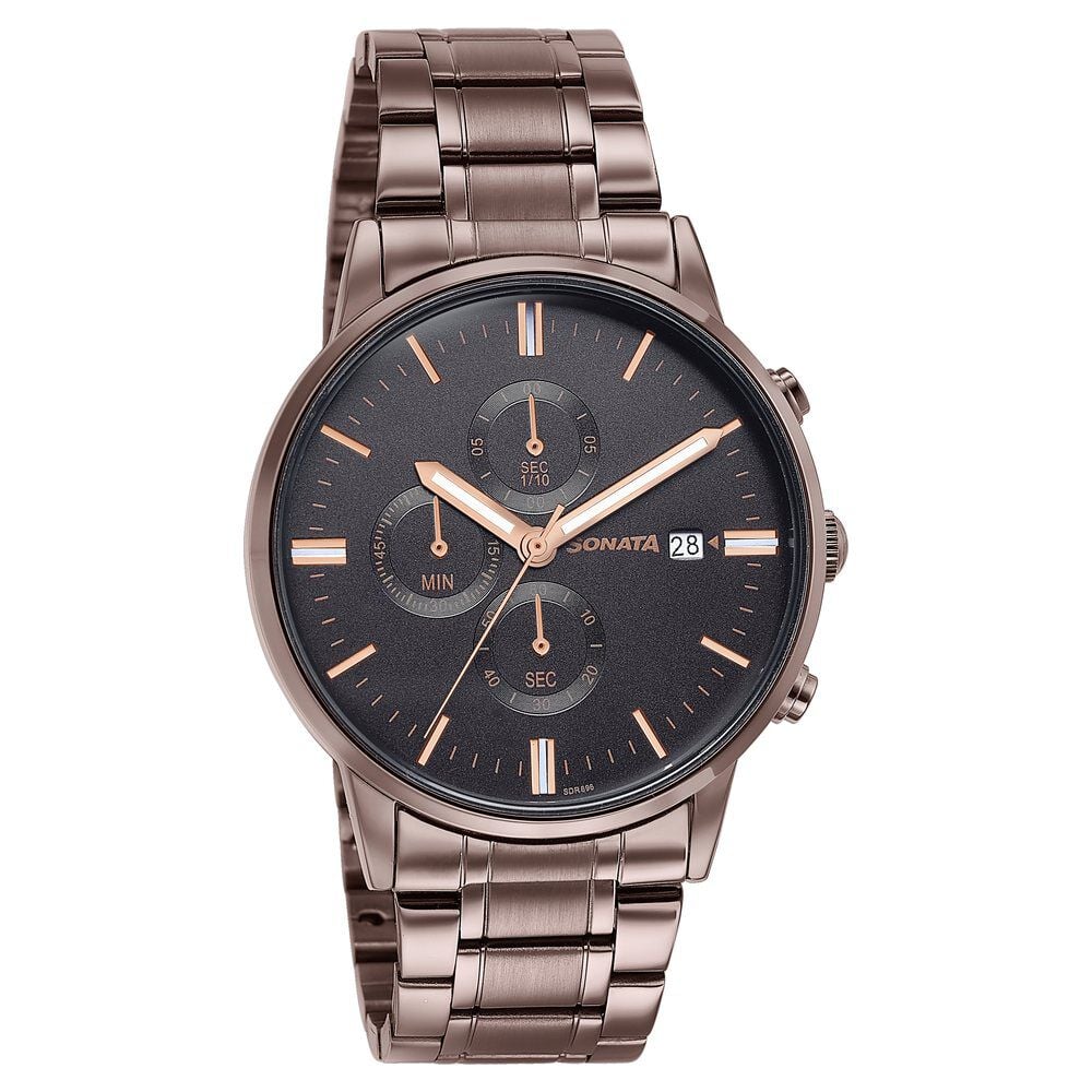 Sonata Wedding Edit Quartz Multifunction Black Dial Stainless Steel Strap Watch For Men
