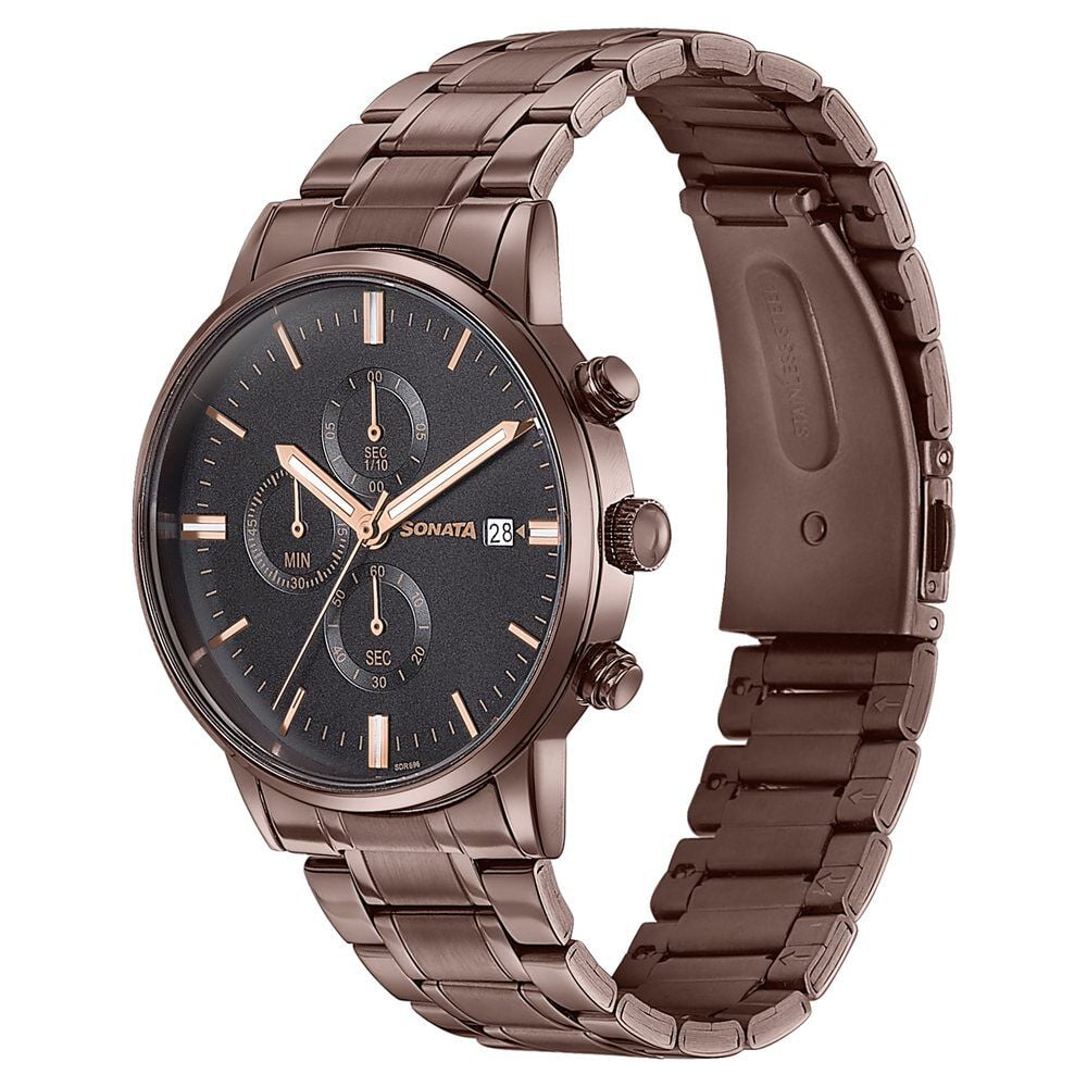 Sonata Wedding Edit Quartz Multifunction Black Dial Stainless Steel Strap Watch For Men