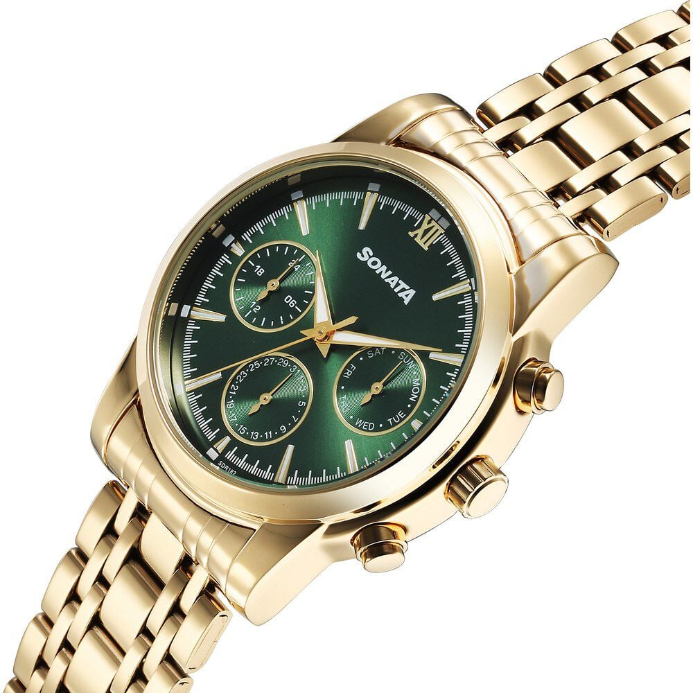 Sonata Wedding Multifunction Green Dial Stainless Steel Strap Watch For Men