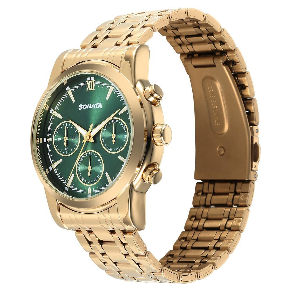 Sonata Wedding Multifunction Green Dial Stainless Steel Strap Watch For Men