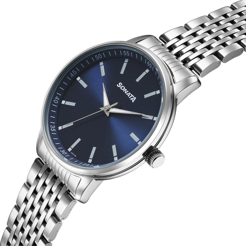 Sonata Wedding Quartz Analog Blue Dial Stainless Steel Strap Watch For Men