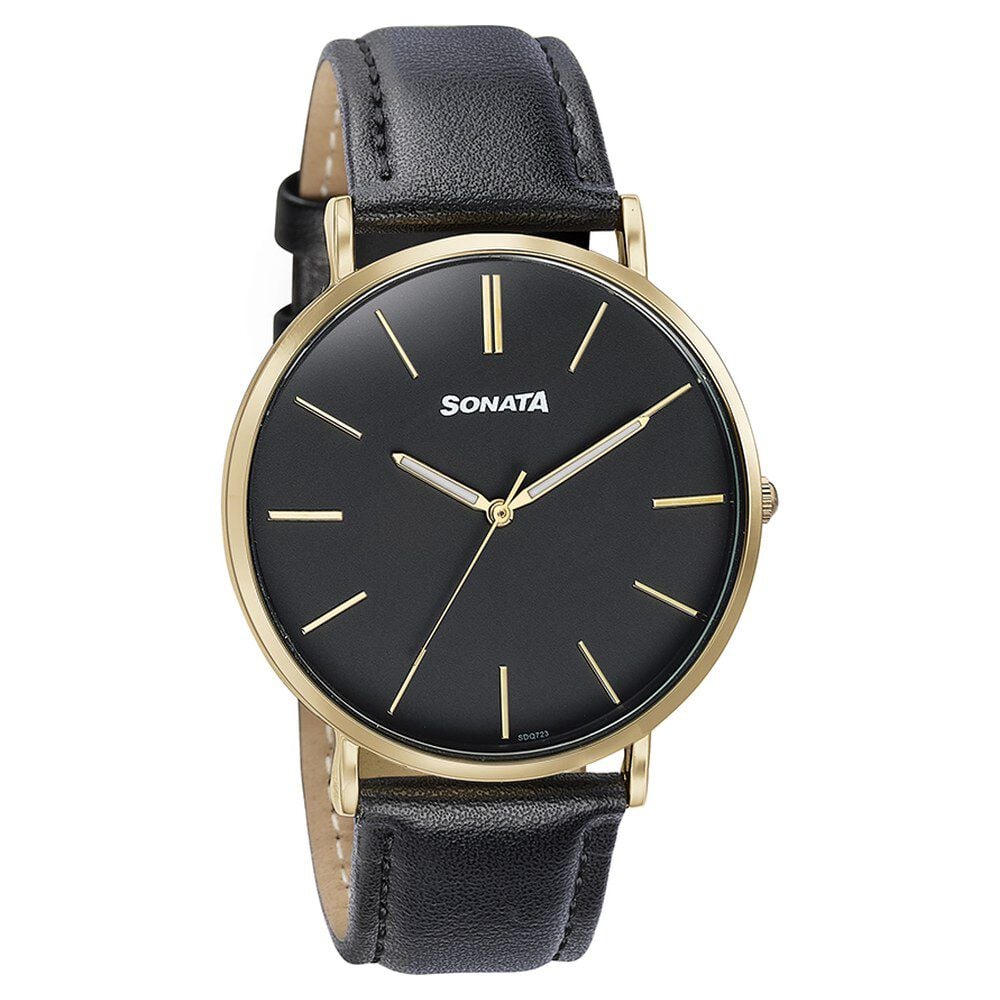 Sonata Quartz Analog Black Dial Black Leather Strap Watch For Men