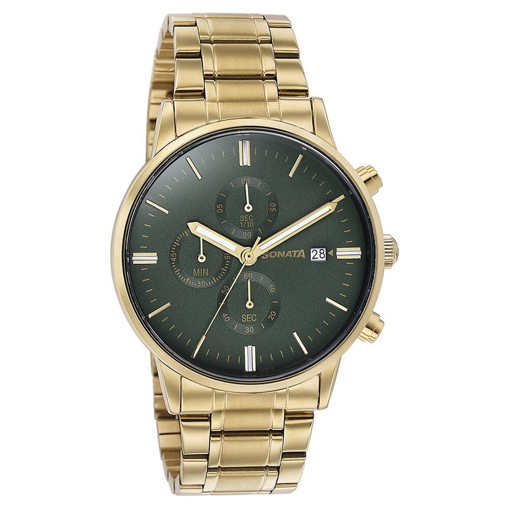 Sonata Quartz Multifunction Green Dial Golden Stainless Steel Strap Watch For Men