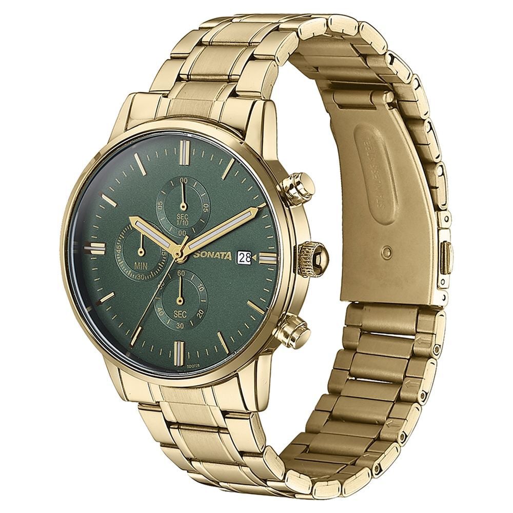Sonata Quartz Multifunction Green Dial Golden Stainless Steel Strap Watch For Men