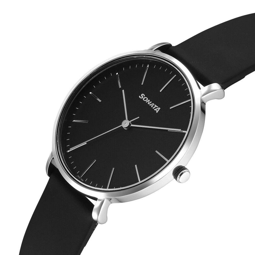 Sonata Ascent Quartz Analog Black Dial Leather Strap Watch For Men