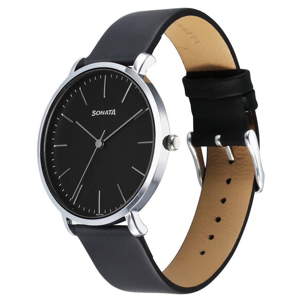 Sonata Ascent Quartz Analog Black Dial Leather Strap Watch For Men