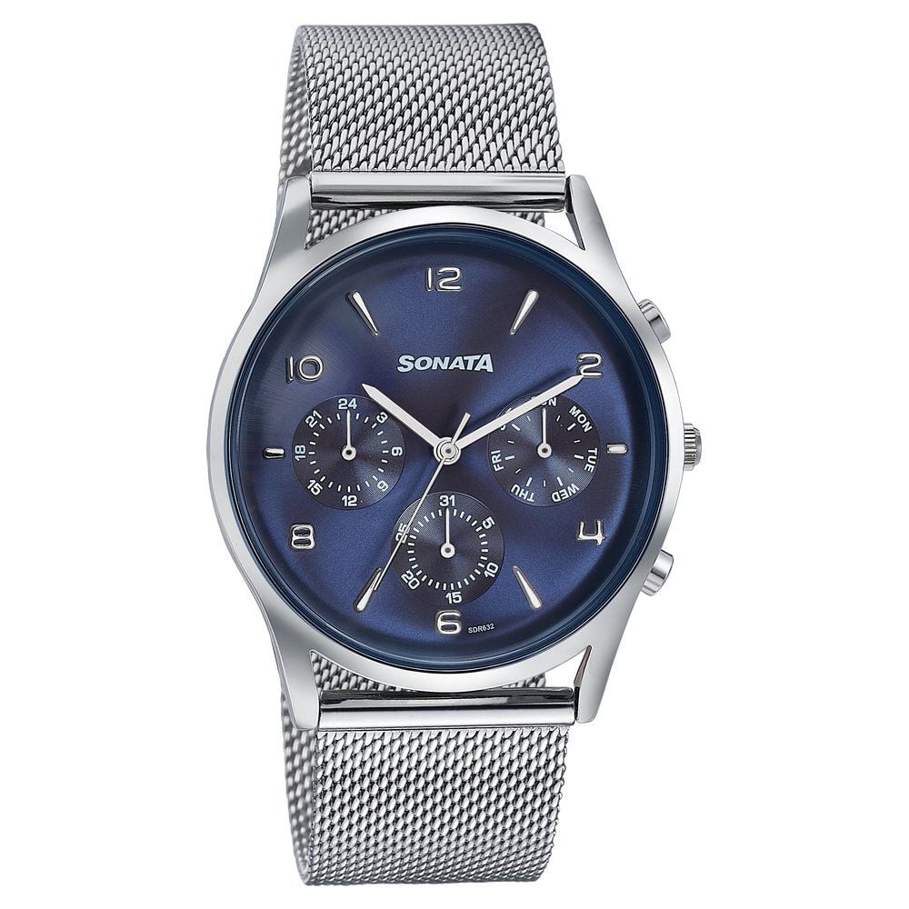 Sonata Wedding Edit Quartz Multifunction Blue Dial Stainless Steel Strap Watch For Men