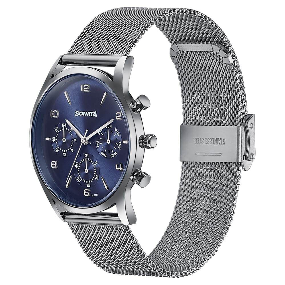 Sonata Wedding Edit Quartz Multifunction Blue Dial Stainless Steel Strap Watch For Men