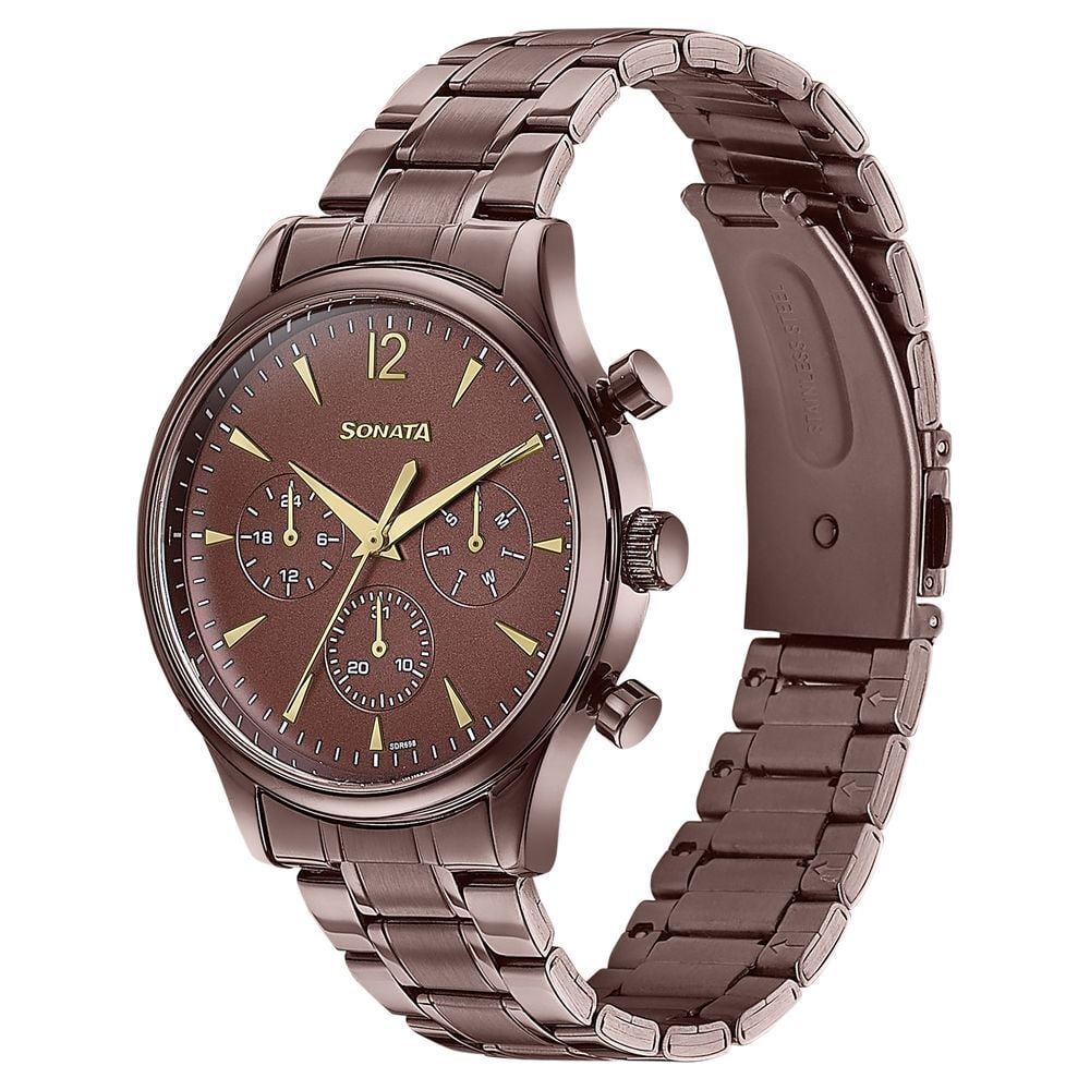 Sonata Wedding Edit Quartz Multifunction Brown Dial Stainless Steel Strap Watch For Men