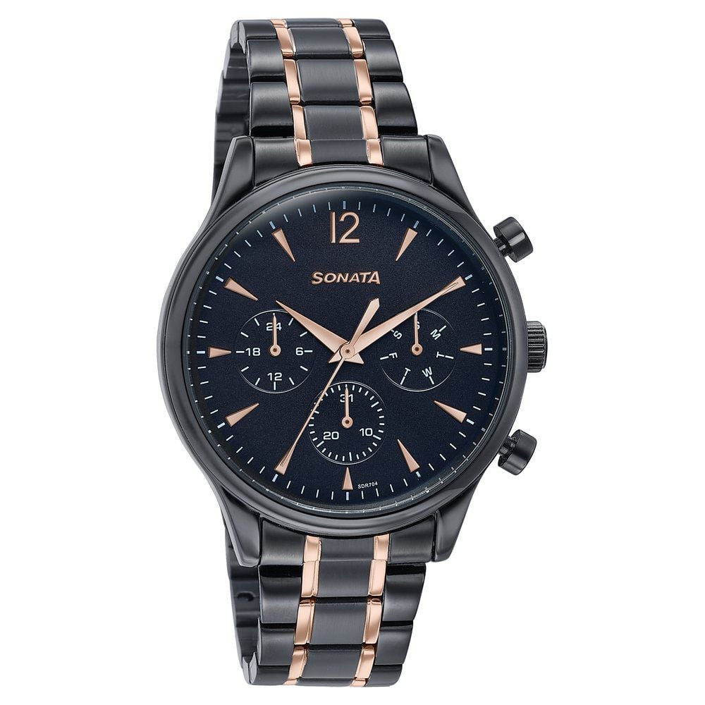 Sonata Wedding Edit Quartz Multifunction Black Dial Stainless Steel Strap Watch For Men