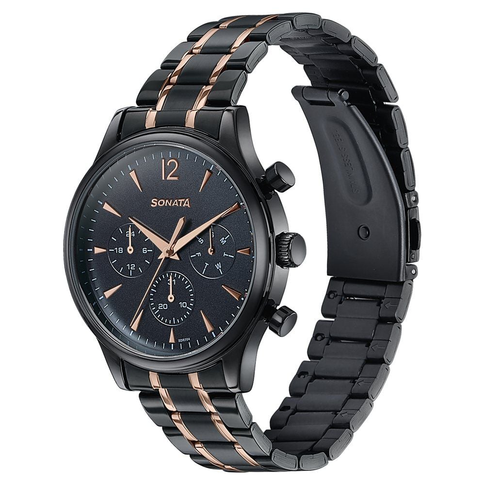 Sonata Wedding Edit Quartz Multifunction Black Dial Stainless Steel Strap Watch For Men