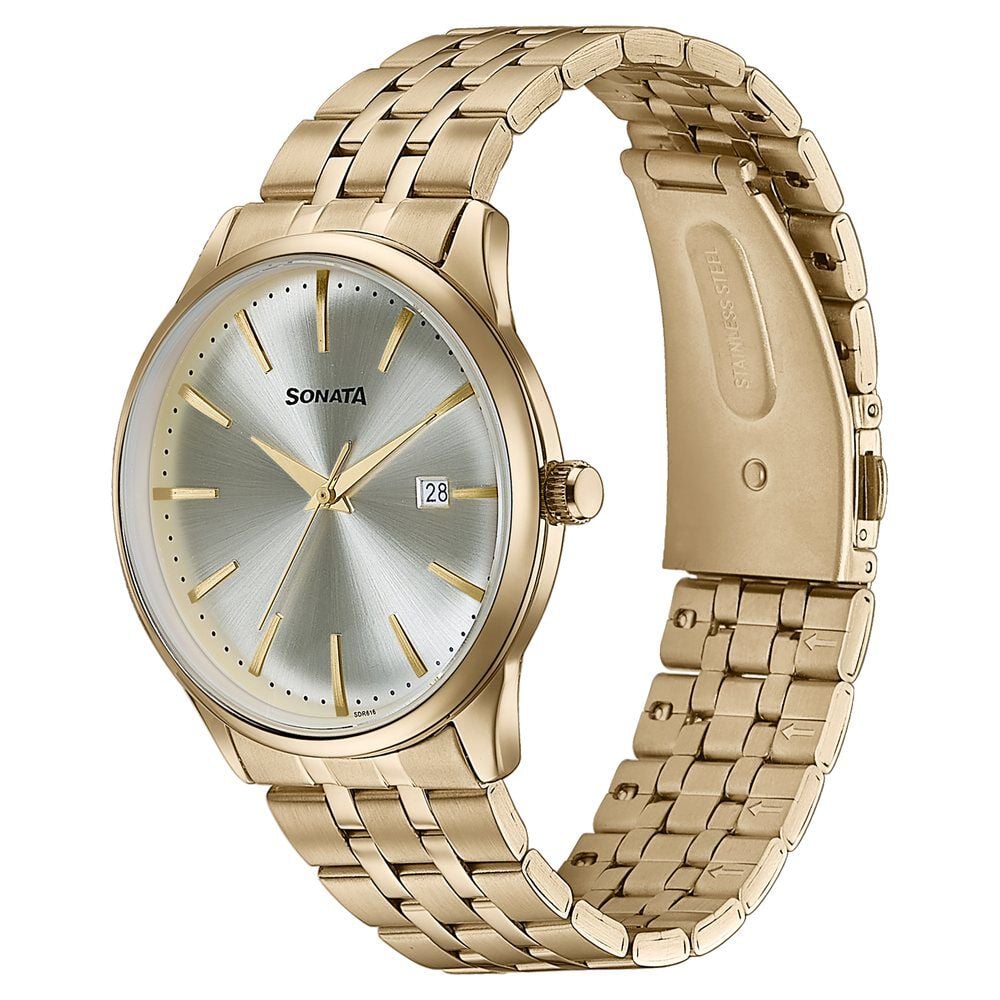 Sonata Wedding Edit Quartz Analog with Date Golden Dial Stainless Steel Strap Watch For Men