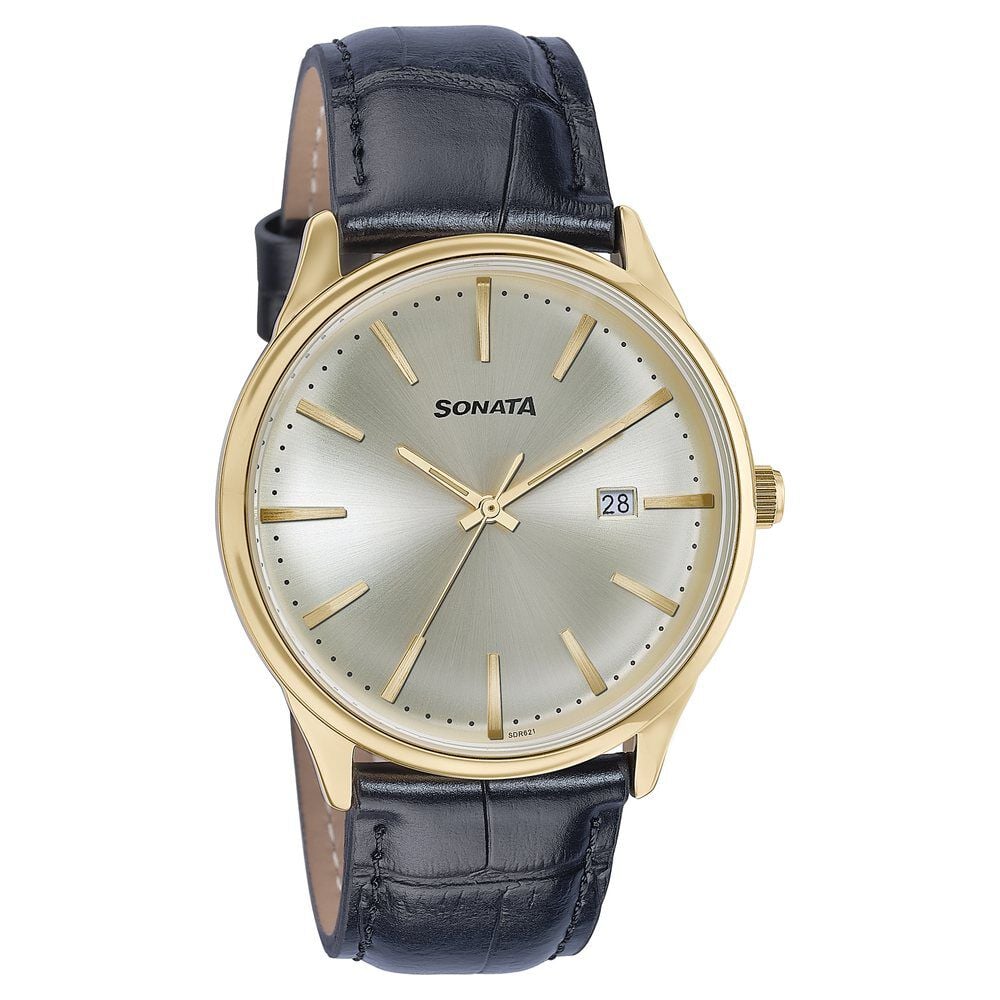 Sonata Wedding Edit Quartz Analog with Date Golden Dial Leather Strap Watch For Men