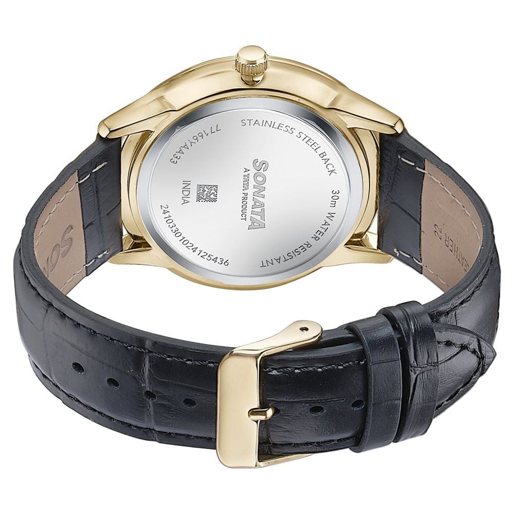 Sonata Wedding Edit Quartz Analog with Date Golden Dial Leather Strap Watch For Men