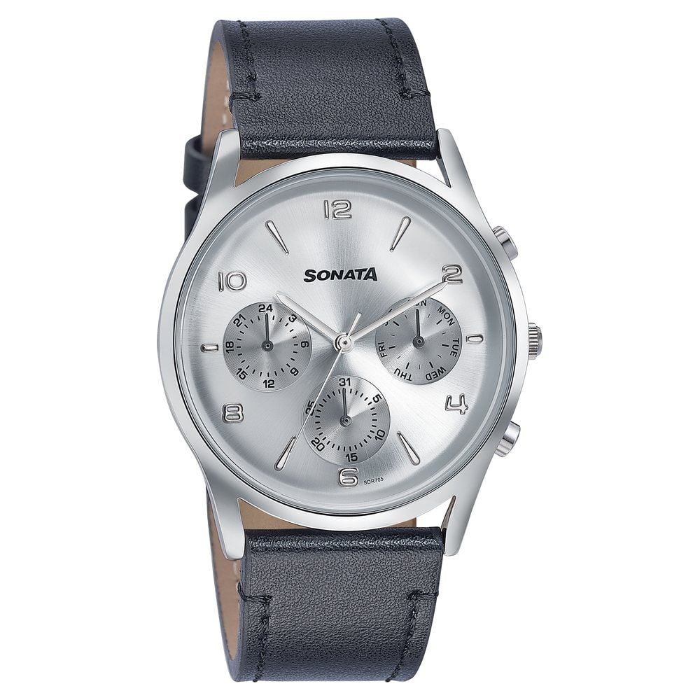Sonata Wedding Edit Quartz Multifunction Silver Dial Leather Strap Watch For Men