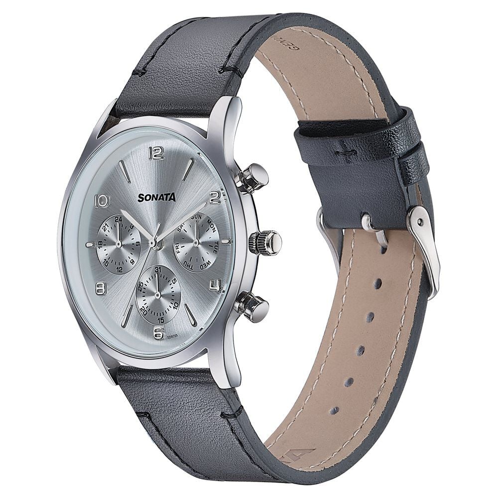 Sonata Wedding Edit Quartz Multifunction Silver Dial Leather Strap Watch For Men