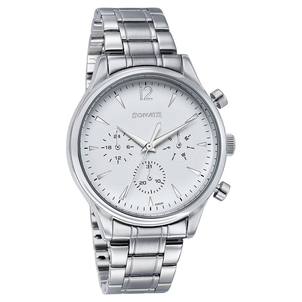 Sonata Wedding Edit Quartz Multifunction Silver Dial Stainless Steel Strap Watch For Men