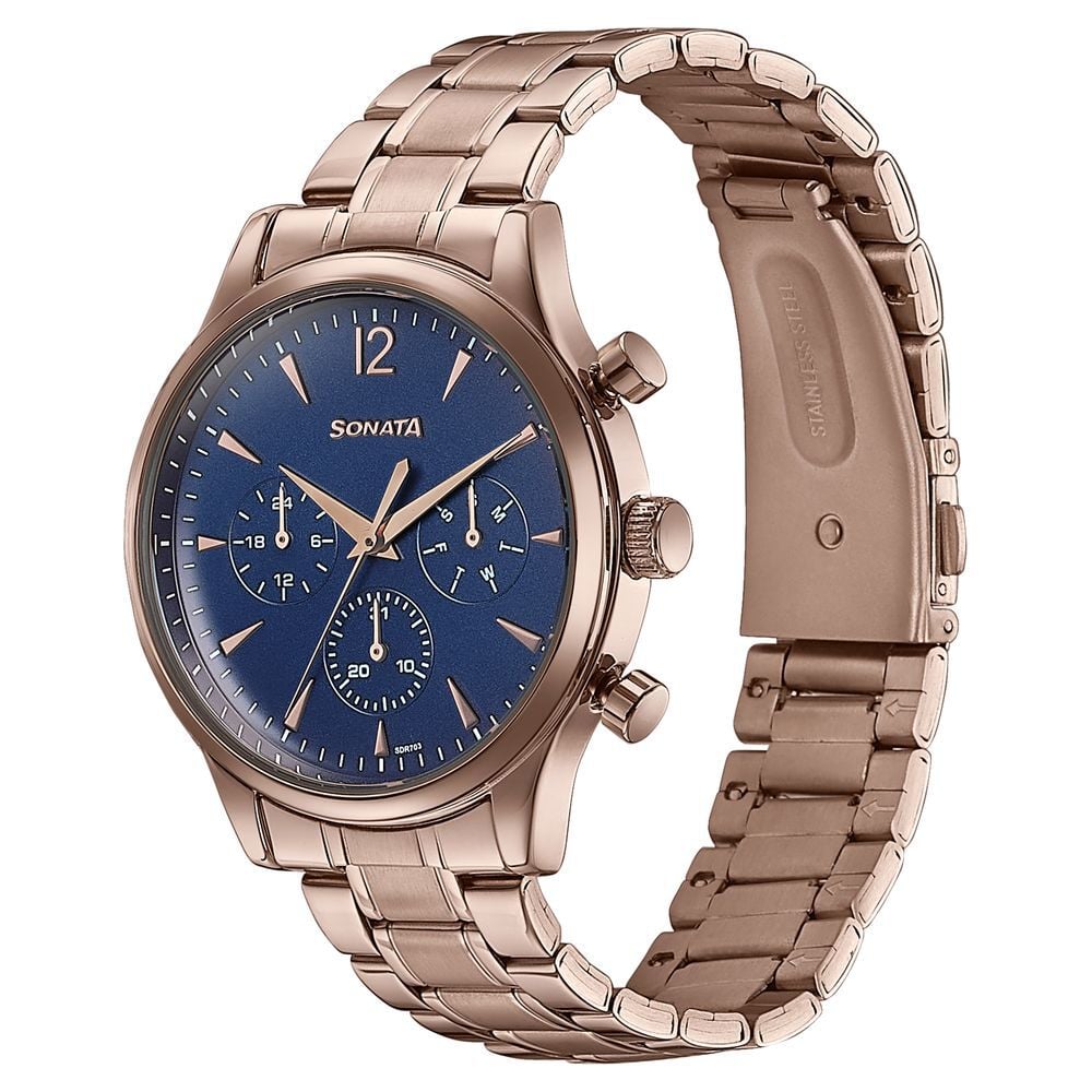 Sonata Wedding Edit Quartz Multifunction Blue Dial Stainless Steel Strap Watch For Men