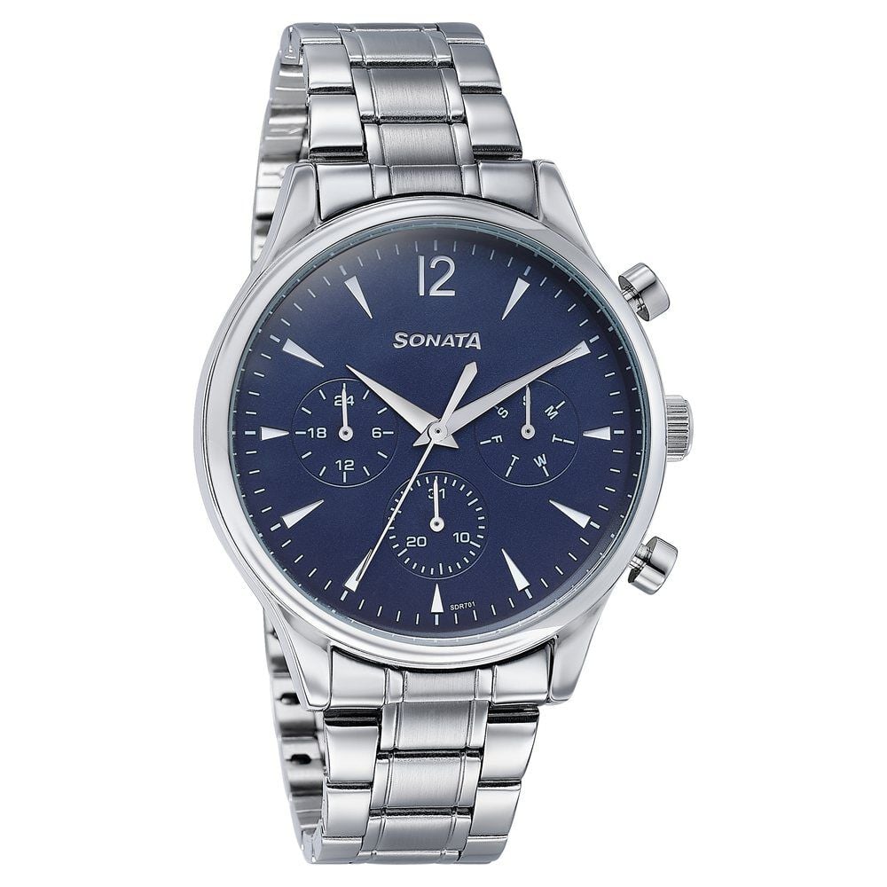 Sonata Wedding Edit Quartz Multifunction Blue Dial Stainless Steel Strap Watch For Men