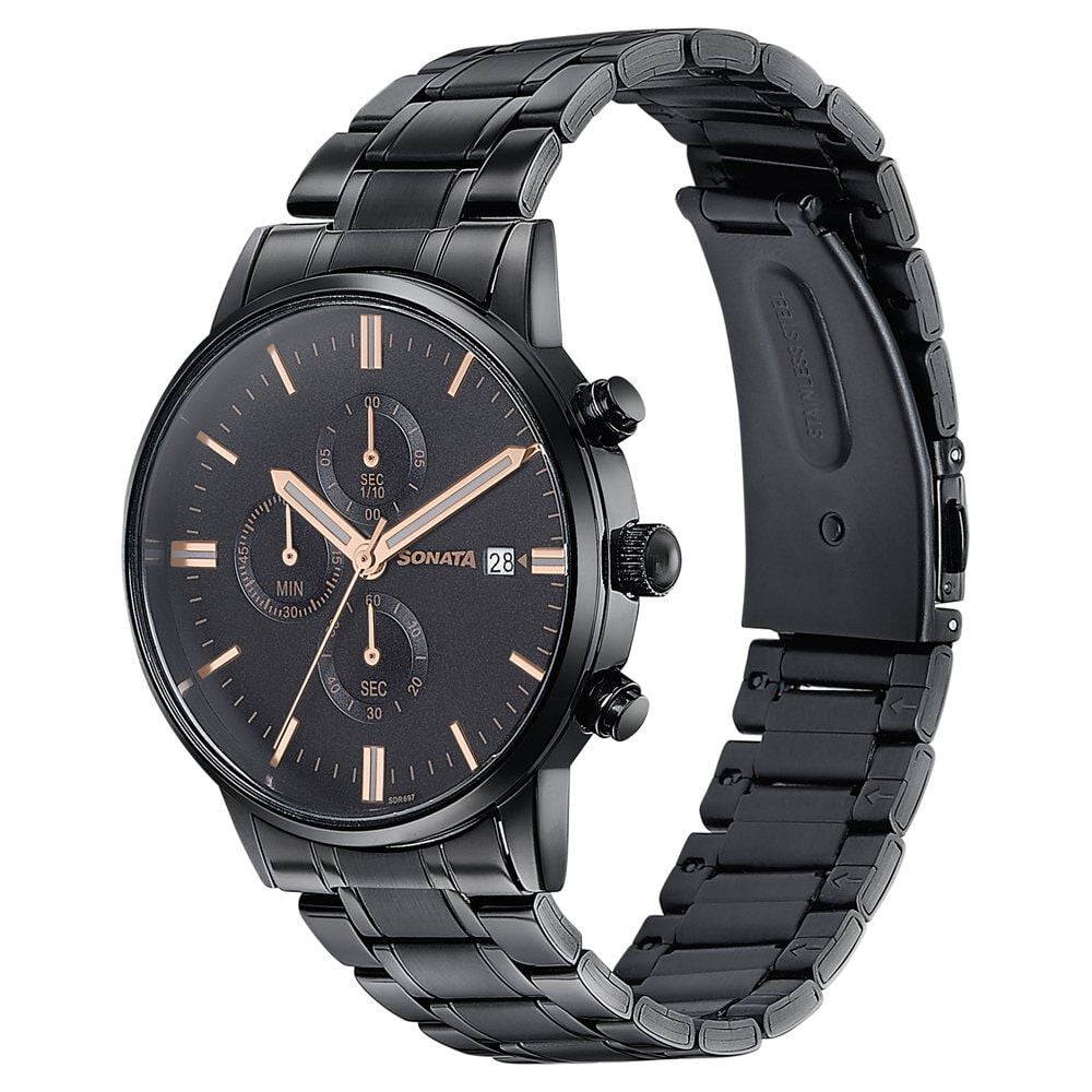 Sonata Wedding Edit Quartz Multifunction Black Dial Stainless Steel Strap Watch For Men