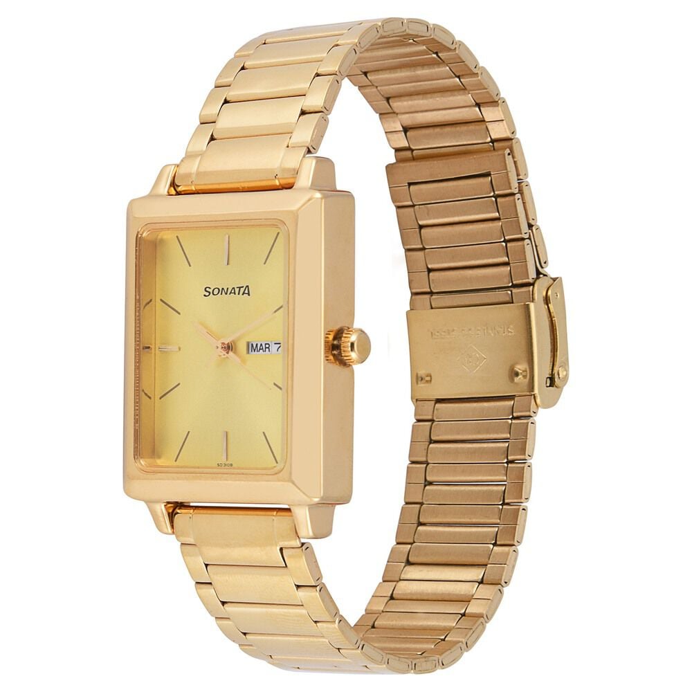 Sonata Quartz Analog with Day and Date Champagne Dial Stainless Steel Strap Watch for Men