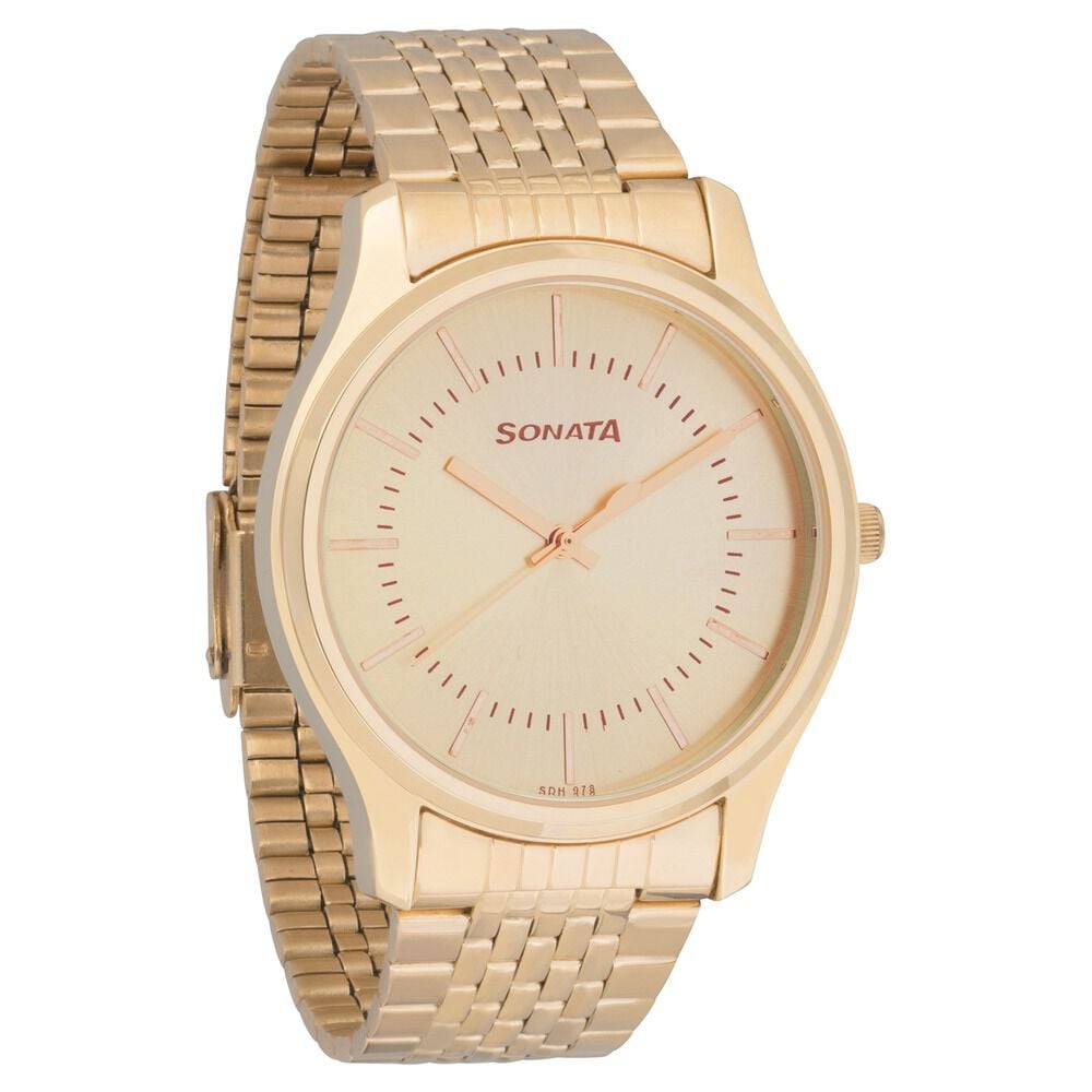 Sonata Essentials Quartz Analog Champagne Dial Golden Stainless Steel Strap Watch For Men
