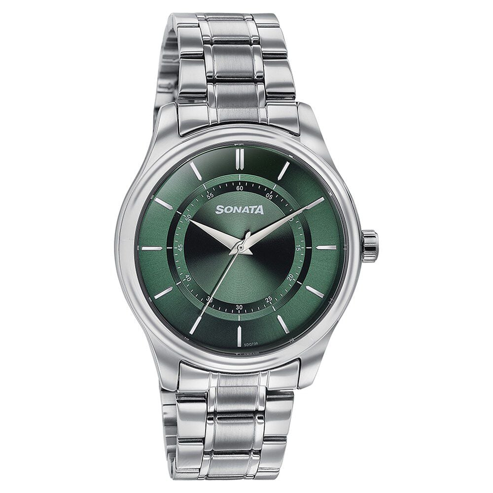 Sonata Quartz Analog Green Dial Silver Stainless Steel Strap Watch For Men