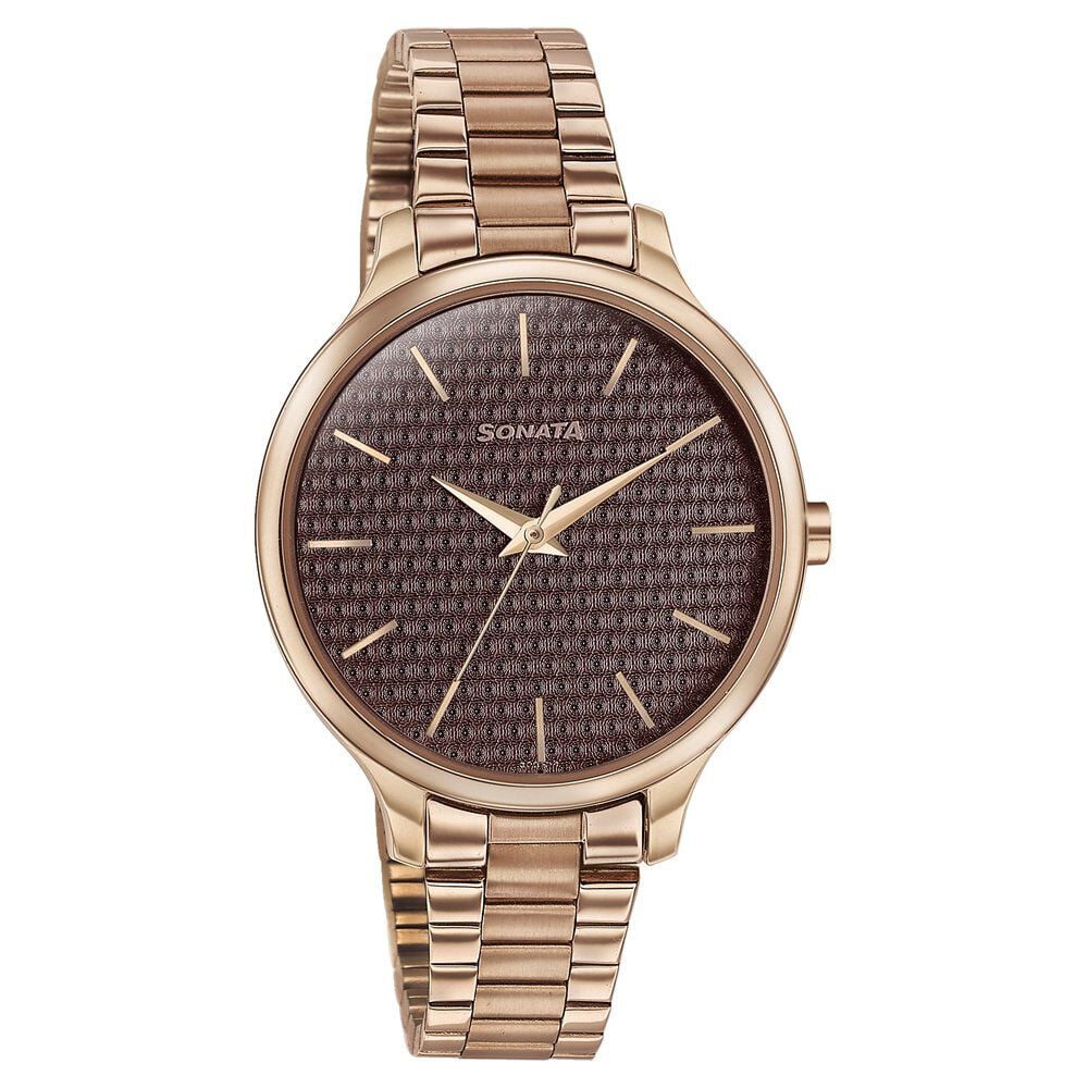 Sonata Wedding Bling Quartz Analog Brown Dial Rose Gold Stainless Steel Strap Watch for Women